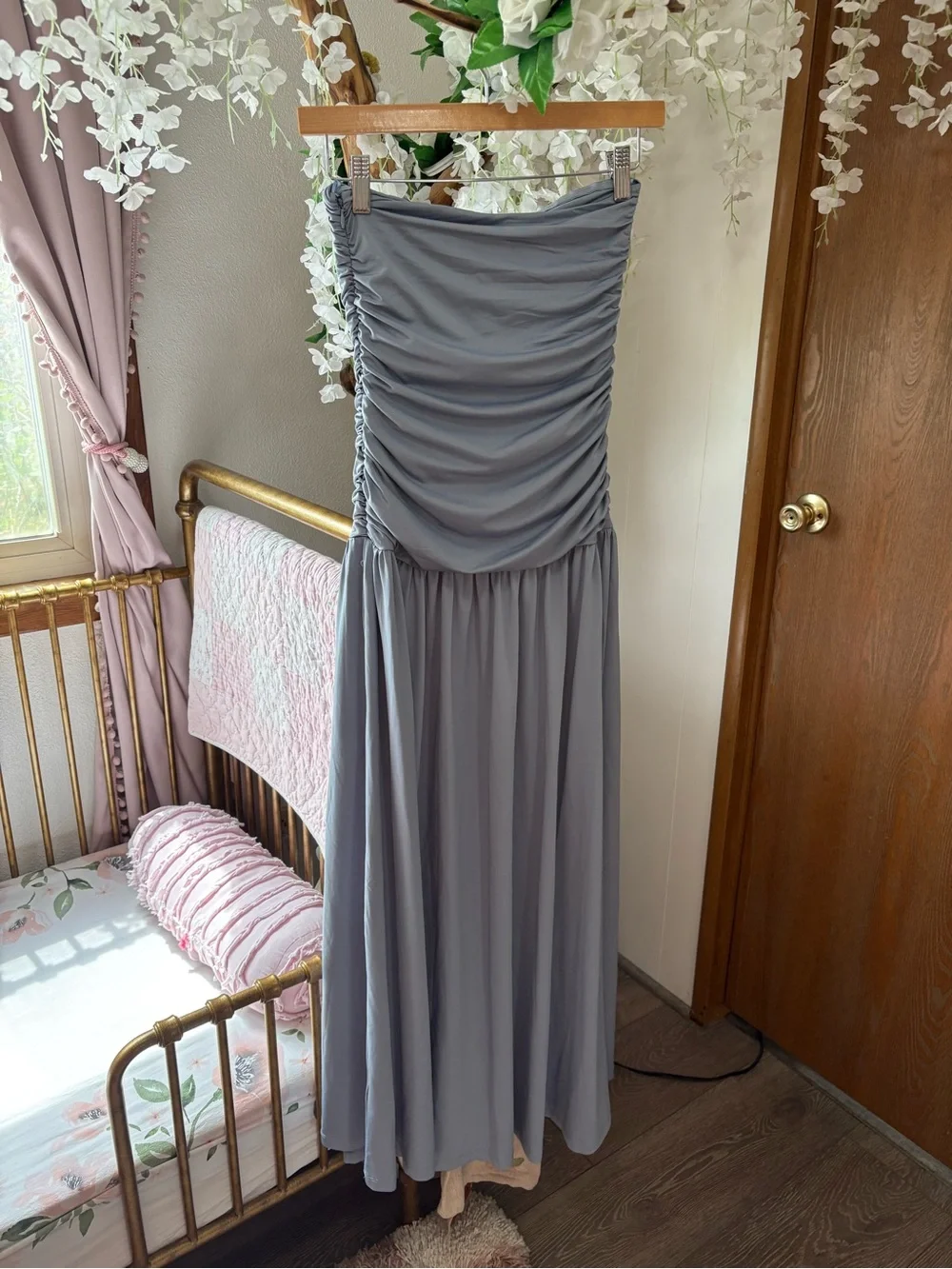 NIA Santal Strapless Ruched Midi Dress in State Blue - Picture 10 of 12